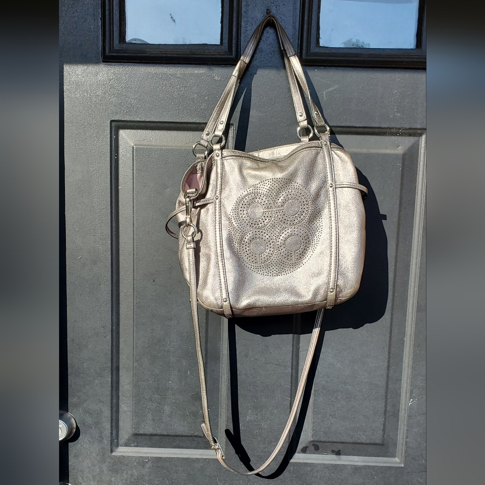 COACH, Audrey Medium Cinched North South Tote, Metallic Platinum Leather, 19568
